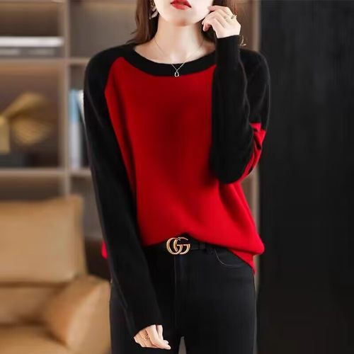 2025秋冬新年红色条纹拼色羊毛衫