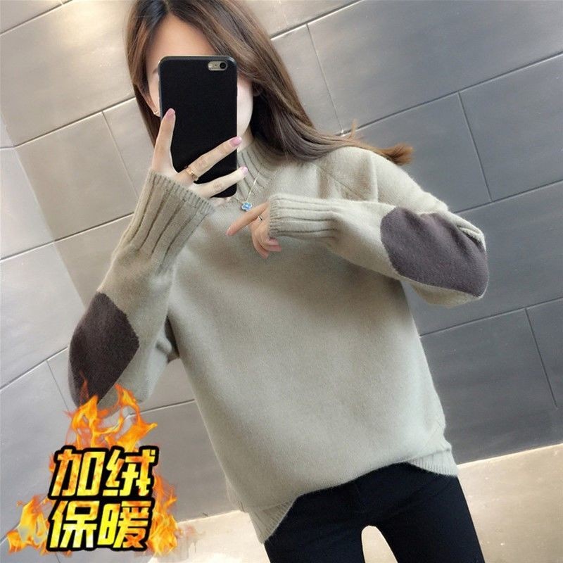 半高领加绒加厚套头毛衣女秋冬季爆款洋气内搭保暖拼色打底针织衫