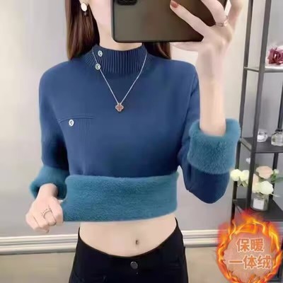 保暖一体绒半高领纯色羊毛衫毛衣