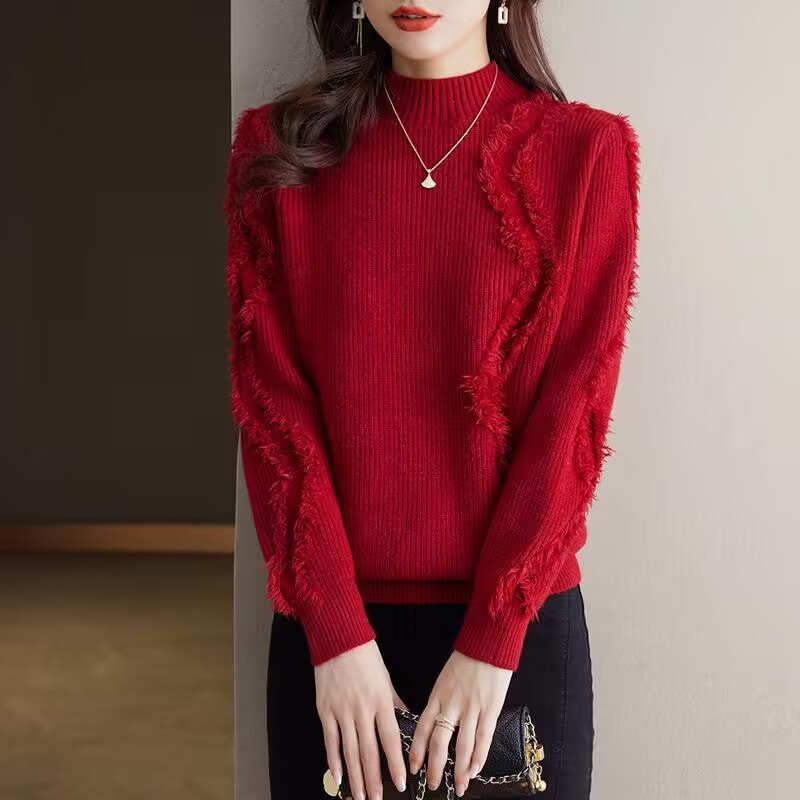 安哥拉红本命年流苏半高领毛衣女