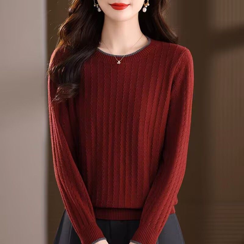 秋季安可拉红拼色圆领绞花针织衫女秋装轻薄简约外穿毛衣小衫上衣,女装/女士精品,毛衣,淘宝优惠券,粉丝福利购,淘宝优惠卷