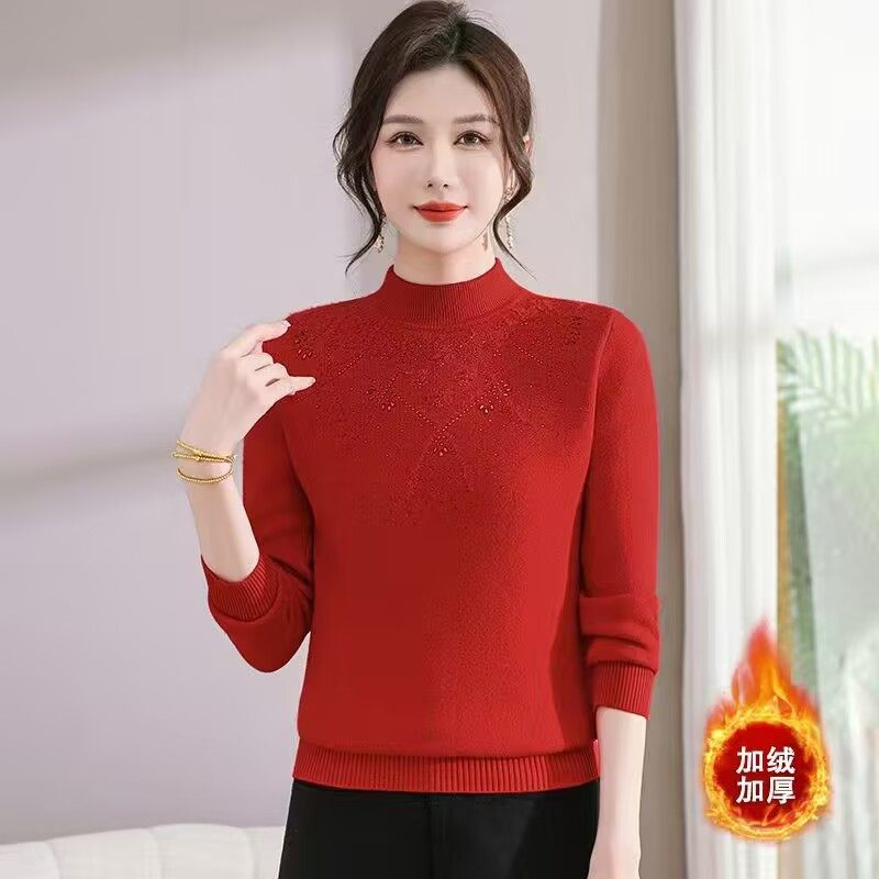 本命年妈妈装一体绒提花烫钻毛衣女秋冬新年红色半高领针织打底衫