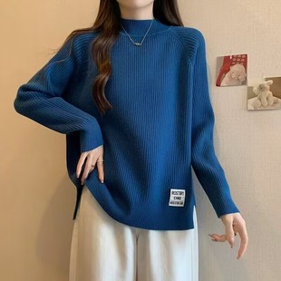 慵懒风别致设计开叉半高领毛衣女2024秋冬新品 韩版 上衣打底针织衫