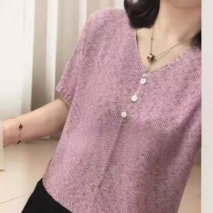 上衣 时尚 夏季 潮新款 V领短袖 专柜正品 百搭薄款 女夏装 t恤衫 针织小衫