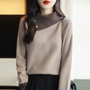 欧货原创设计撞色斜翻领毛衣上衣女2025秋冬软糯慵懒风针织打底衫