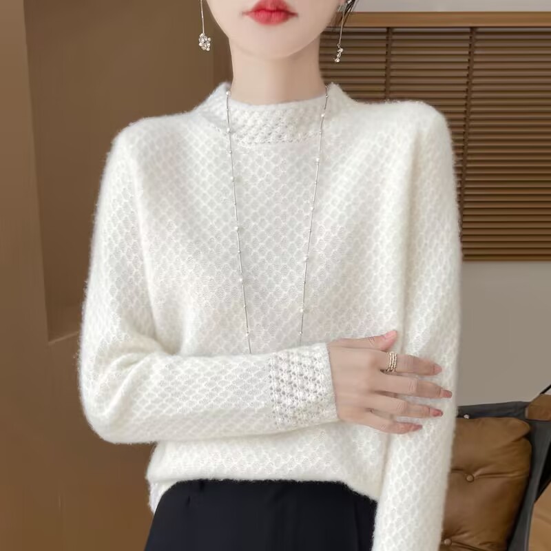 欧洲站重工立体钩花半高领羊毛衫女秋冬高级感蜂窝提花毛衣针织衫