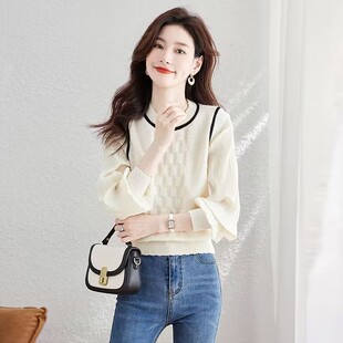 拼接假两件针织衫 纱袖 女2026春秋小香风洋气外穿上衣毛衣 薄款 春装