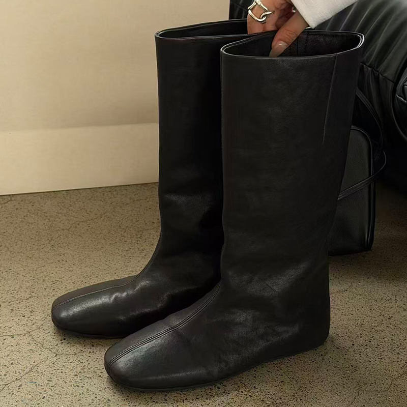 诗歌兰真皮粗跟显瘦复古骑士靴