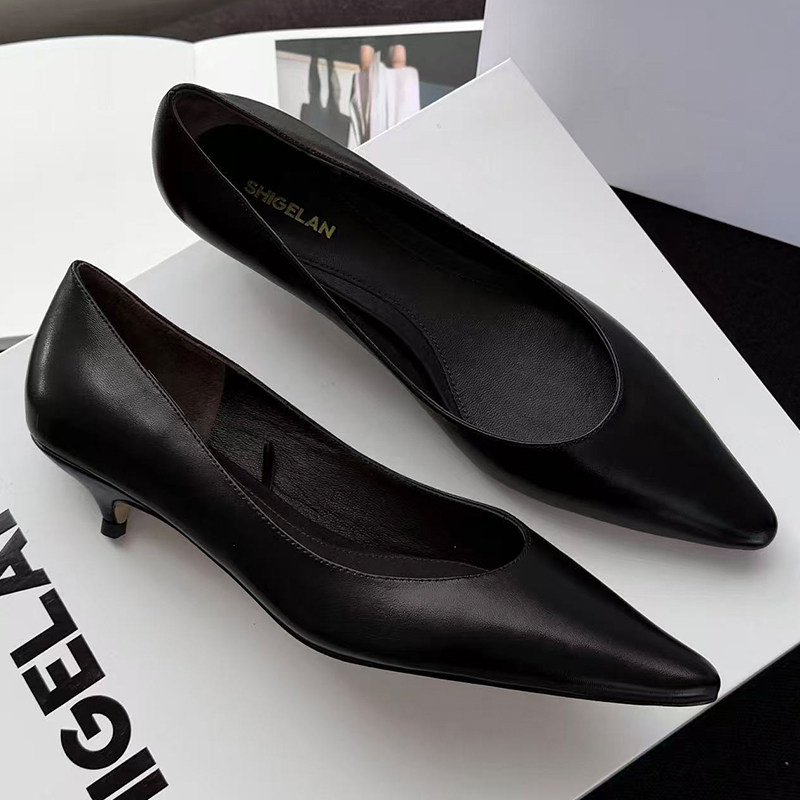 诗歌兰法式高跟鞋女2026春新款真皮尖头猫跟气质百搭通勤浅口单鞋