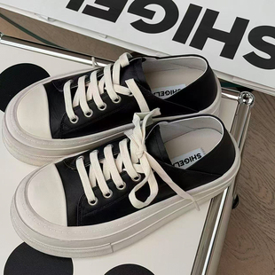 诗歌兰厚底小白鞋女2026春新款韩版真皮百搭圆头系带休闲松糕板鞋