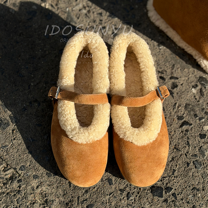 ido复古加绒玛丽珍鞋女