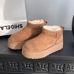 诗歌兰雪地靴女皮毛一体2024年新款真皮百搭厚底增高加绒保暖棉鞋