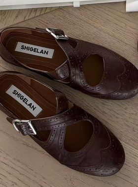 诗歌兰真皮玛丽珍鞋女2026春季新款真皮平底雕花交叉扣带浅口单鞋