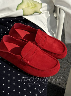 ido反绒皮乐福鞋女2026早春新款一脚蹬懒人鞋百搭休闲单鞋豆豆鞋