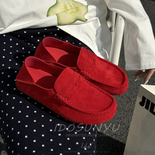 ido反绒皮乐福鞋女2026早春新款一脚蹬懒人鞋百搭休闲单鞋豆豆鞋