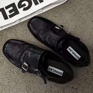 诗歌兰英伦风小皮鞋女2026春季新款真皮平底双扣带雕花布洛克单鞋