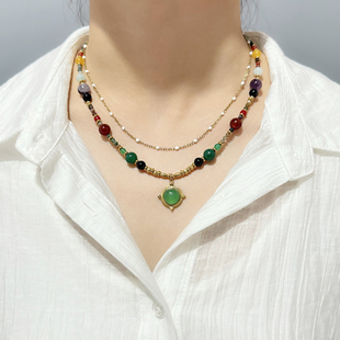 新中式手工天然石玛瑙串珠吊坠项链复古小众锁骨链手链不掉色配饰