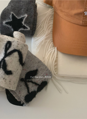 杂灰色系点点纱羊毛袜~无骨女袜 秋冬基础保暖中筒 芭蕾蝴蝶结袜