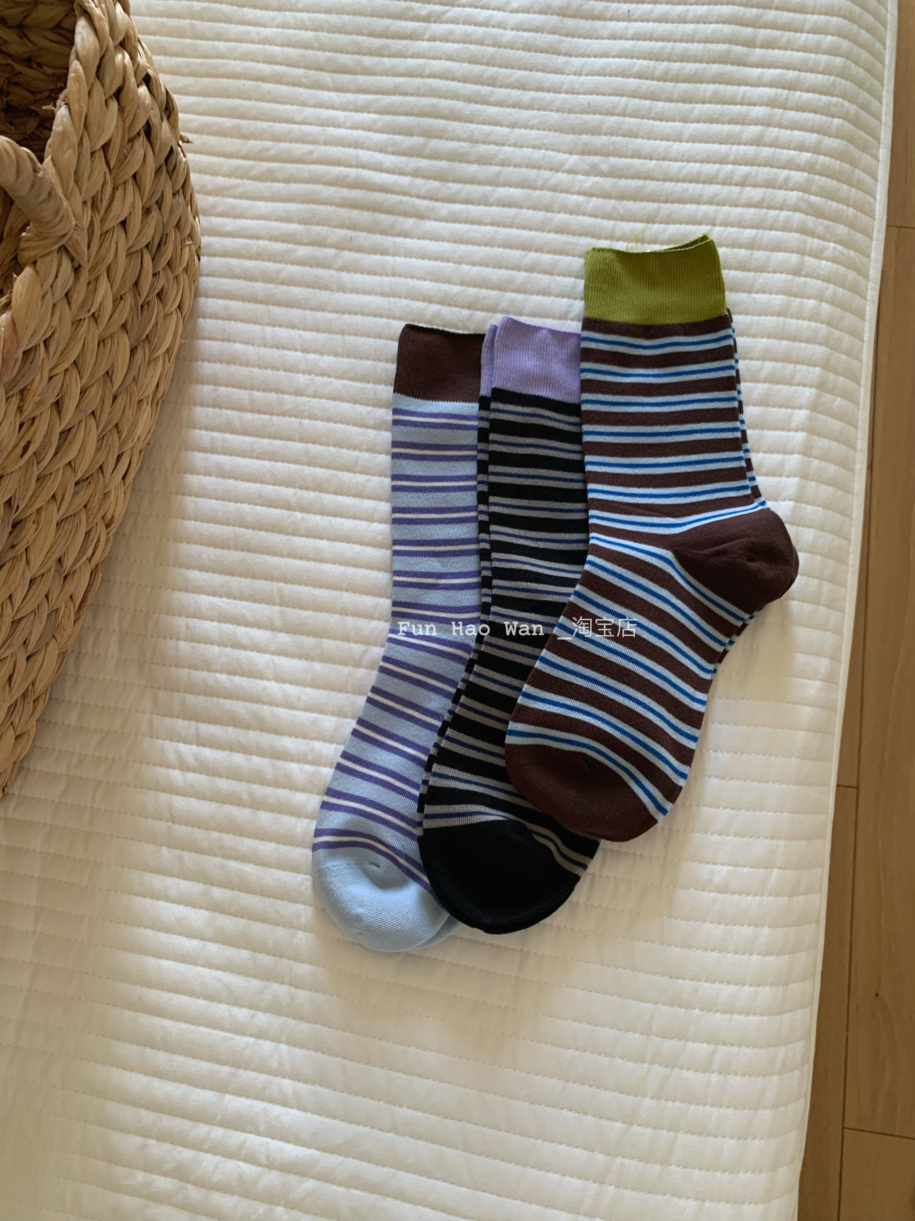 盐系复古~无骨棉袜 雾蓝条/蓝棕条 穿不厌条纹袜子中筒女 四季款