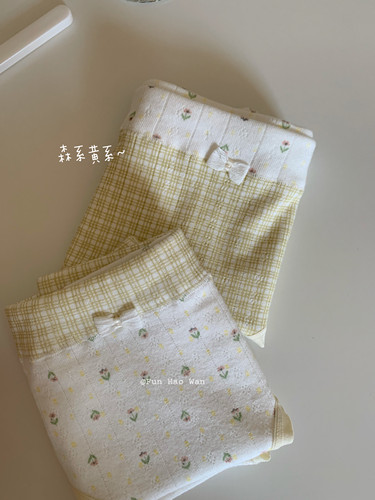 森森软软的～加长裆部 森系黄色系小碎花/格纹 软软棉质内裤女