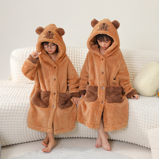 秋冬儿童珊瑚绒睡袍加厚卡皮巴拉连帽浴袍男童女童家居服可爱睡衣