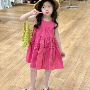 海边度假连衣裙高级感女童初中生小个子韩国童装 风玫红色 夏季 新款