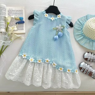 新品 海边度假连衣裙高级感女童初中生小个子夏季 蕾丝花朵公主裙小