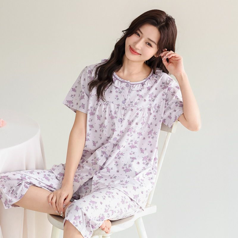 绮宇娜睡衣女士纯棉短袖七分裤开衫碎花中老年妈妈家居服薄款夏季