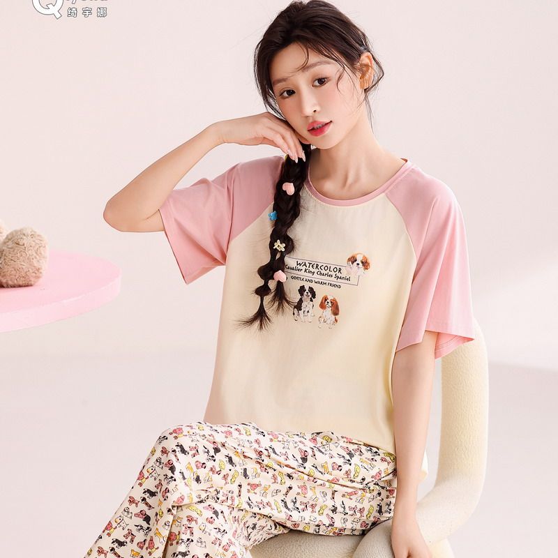 绮宇娜睡衣女士夏季短袖长裤棉氨可爱卡通薄款家居服套装