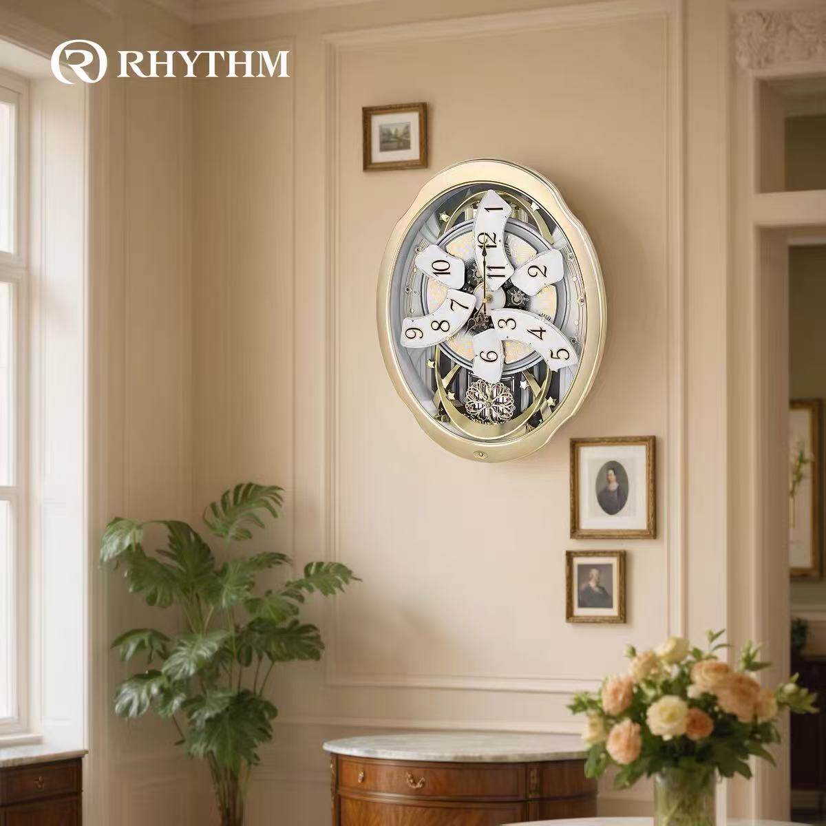 正品日本RHYTHM丽声挂钟客厅别墅施华洛黑夜繁星魔幻音乐钟842
