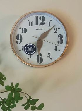 正品日本RHYTHM丽声挂钟客厅卧室餐厅超静音玫瑰金钟表CMG606/595