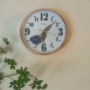 正品 595 日本RHYTHM丽声挂钟客厅卧室餐厅超静音玫瑰金钟表CMG606