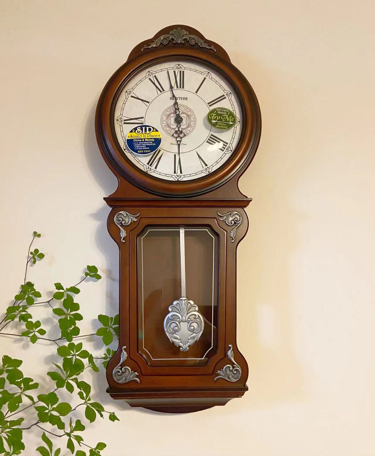 正品日本rhythm丽声实木挂钟客厅欧式复古西敏寺报时钟摆380/546