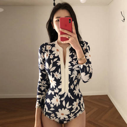 韩国新款泳衣女显瘦遮肚保守连体长袖防晒潜水拉链服运动温泉泳装