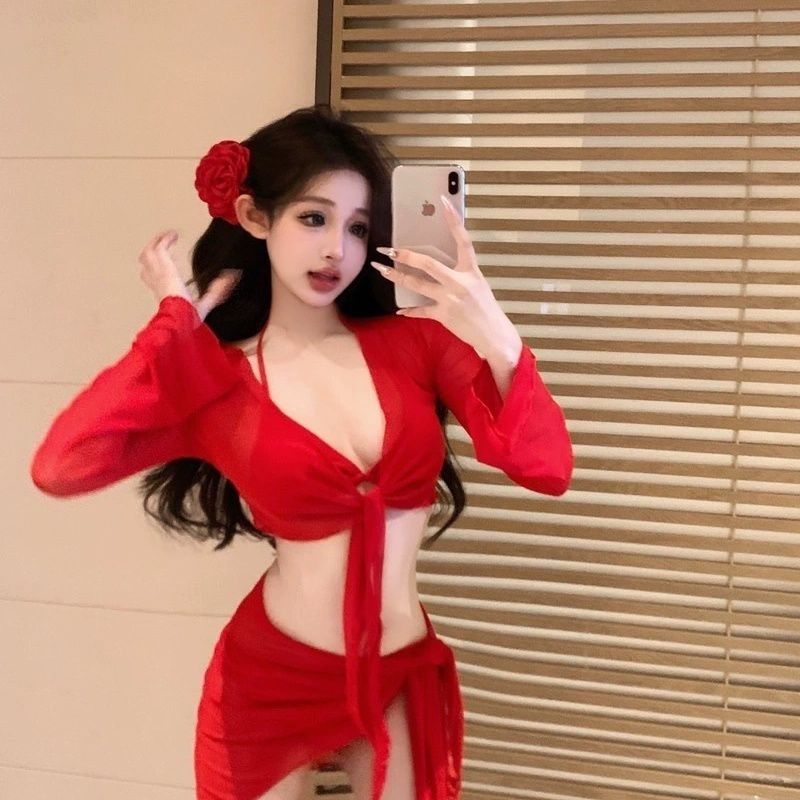 多巴胺风性感网红分体比基尼三件套泳衣女小胸长袖度假温泉泳装