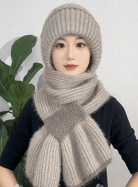 新款帽子围巾一体加绒加厚女冬季毛线编织风雪帽松鼠绒保暖网红帽