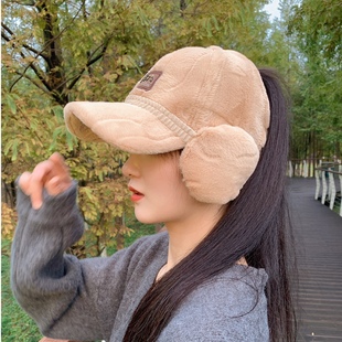 半空顶可扎马尾鸭舌帽女秋冬网红百搭加绒帽子韩版护耳时尚棒球帽