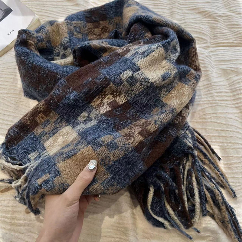 韩系蓝咖色围巾秋冬保暖