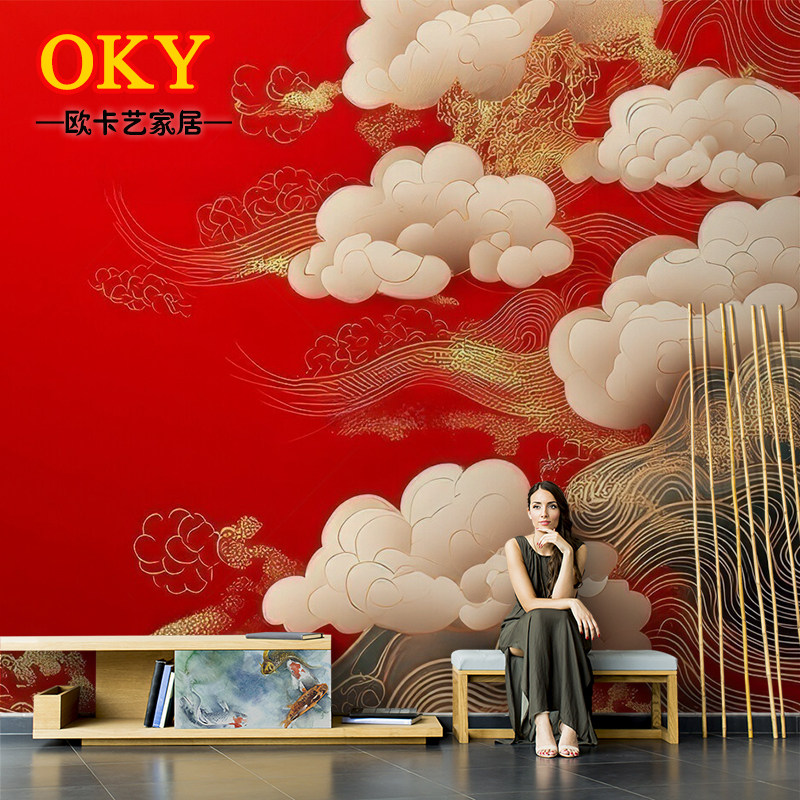中国风红色浮雕祥云新中式壁纸高级感艺术3D墙布客厅背景墙纸壁画