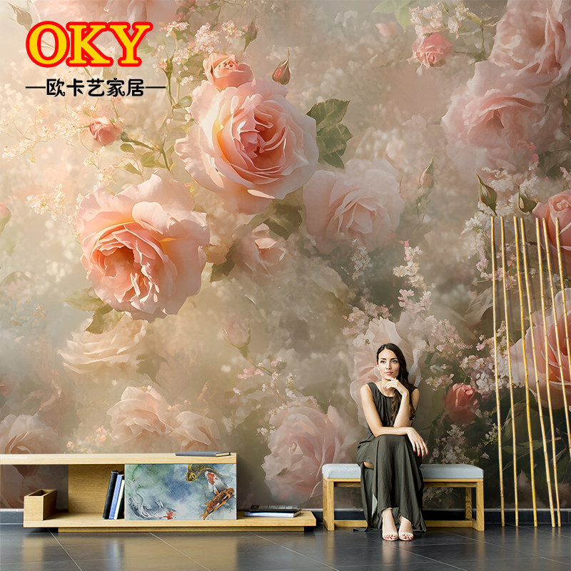 美式手绘抽象复古油画粉色玫瑰花卉壁纸客厅电视背景墙纸无缝壁画