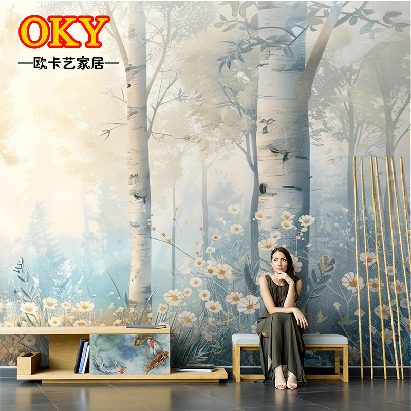 客厅高级感手绘抽象树木卧室白桦林艺术壁纸花卉壁画定制无缝墙布