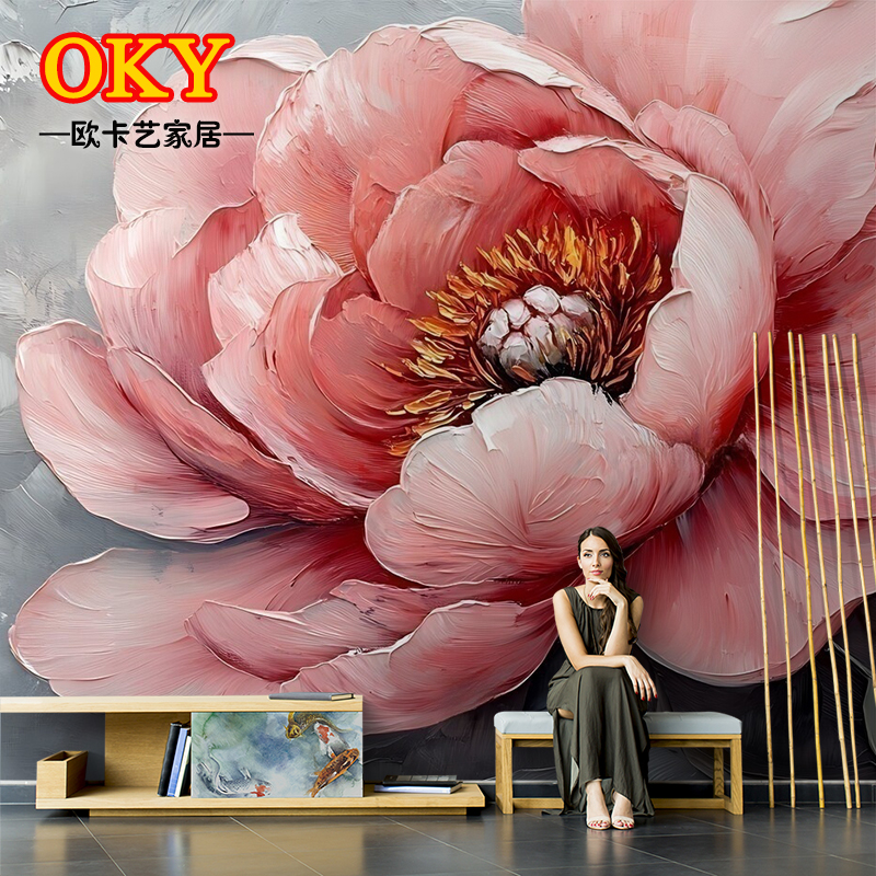 手绘油画牡丹高级感艺术壁画装饰画肌理客厅沙发背景墙抽象花卉图片