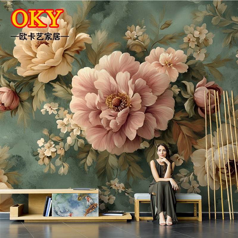 北欧复古高级感艺术油画墙布美式立体牡丹花朵壁纸背景墙纸壁画