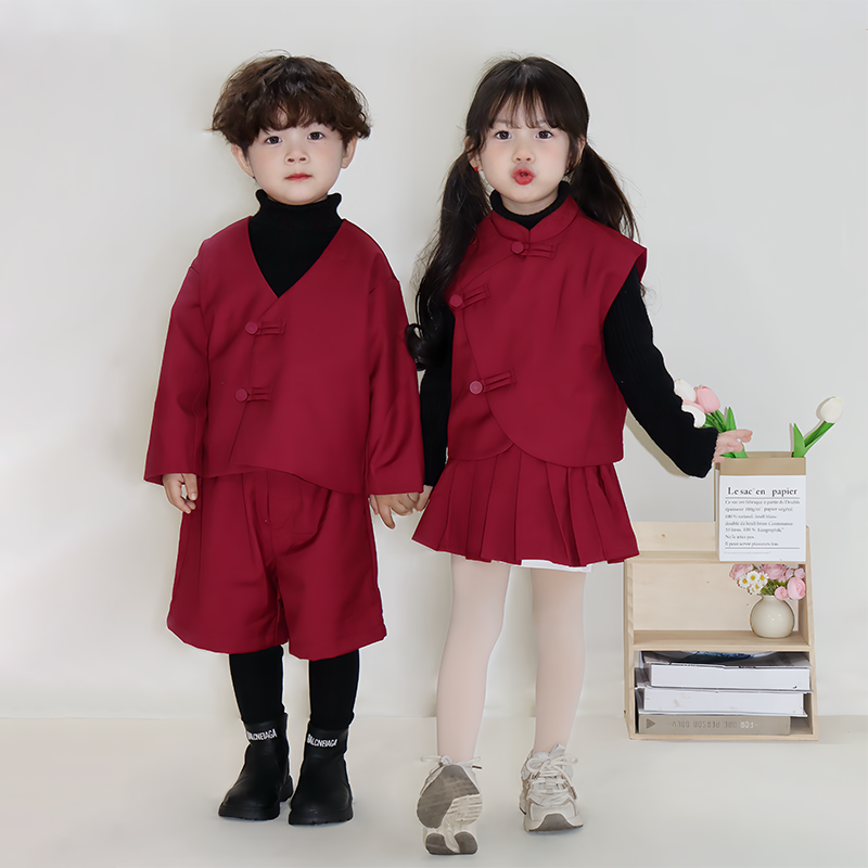 儿童西服红色外套秋冬男童女童新中式生日礼服周岁宝宝西装套装冬