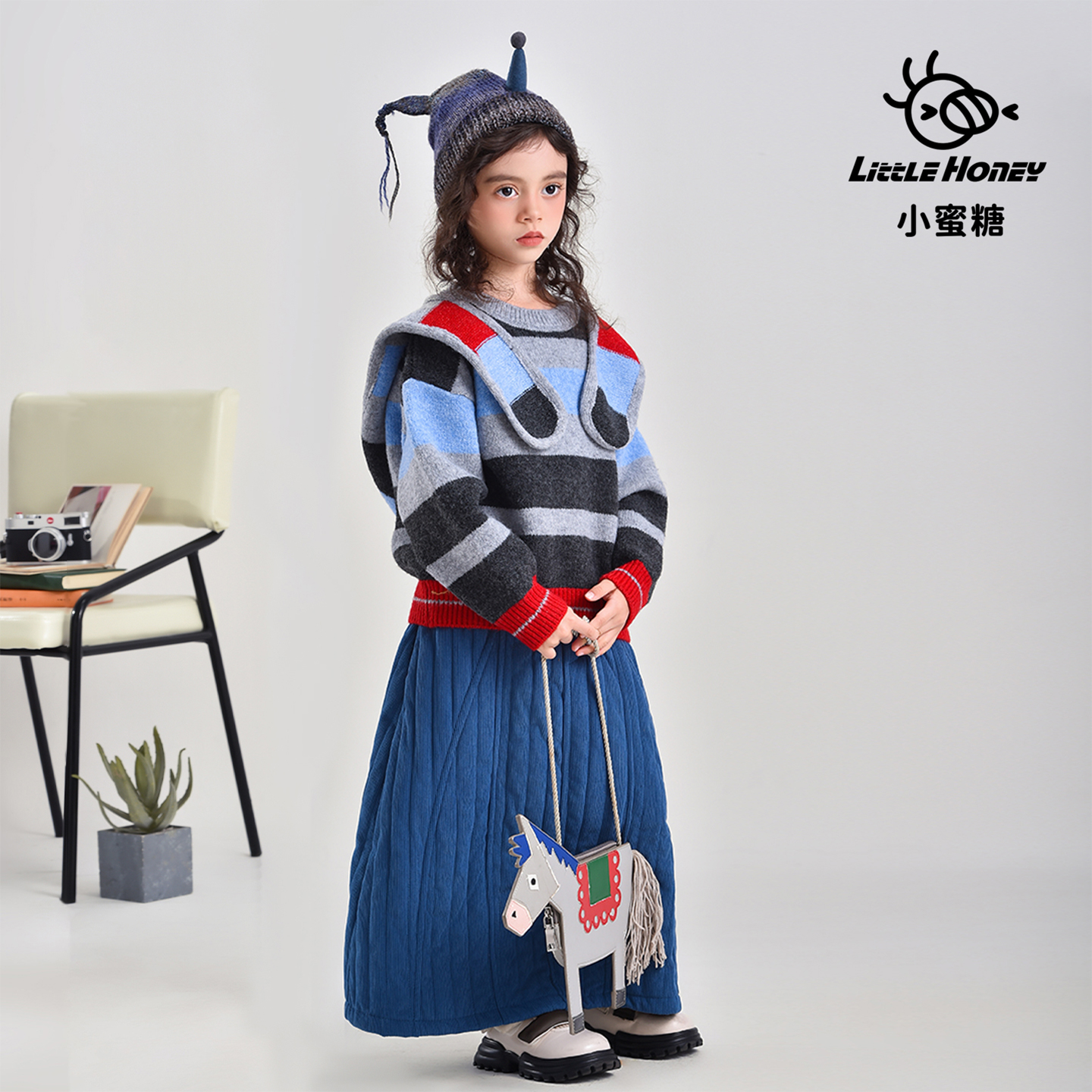 小蜜糖童装秋冬复古夹棉半身裙女童秋冬高腰A字裙设计感文艺裙子