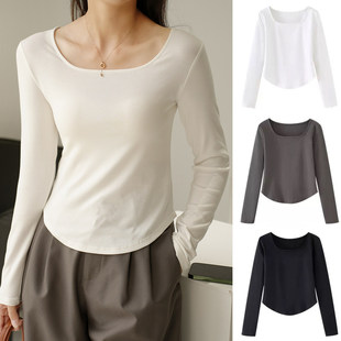 优质女装上衣女方领纯棉打底衫白色内搭低领纯欲紧身正肩长袖t恤