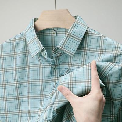 夏季款商务新休闲桑半蚕丝衬衫男闲短袖格子衬衣中年袖薄6920款休