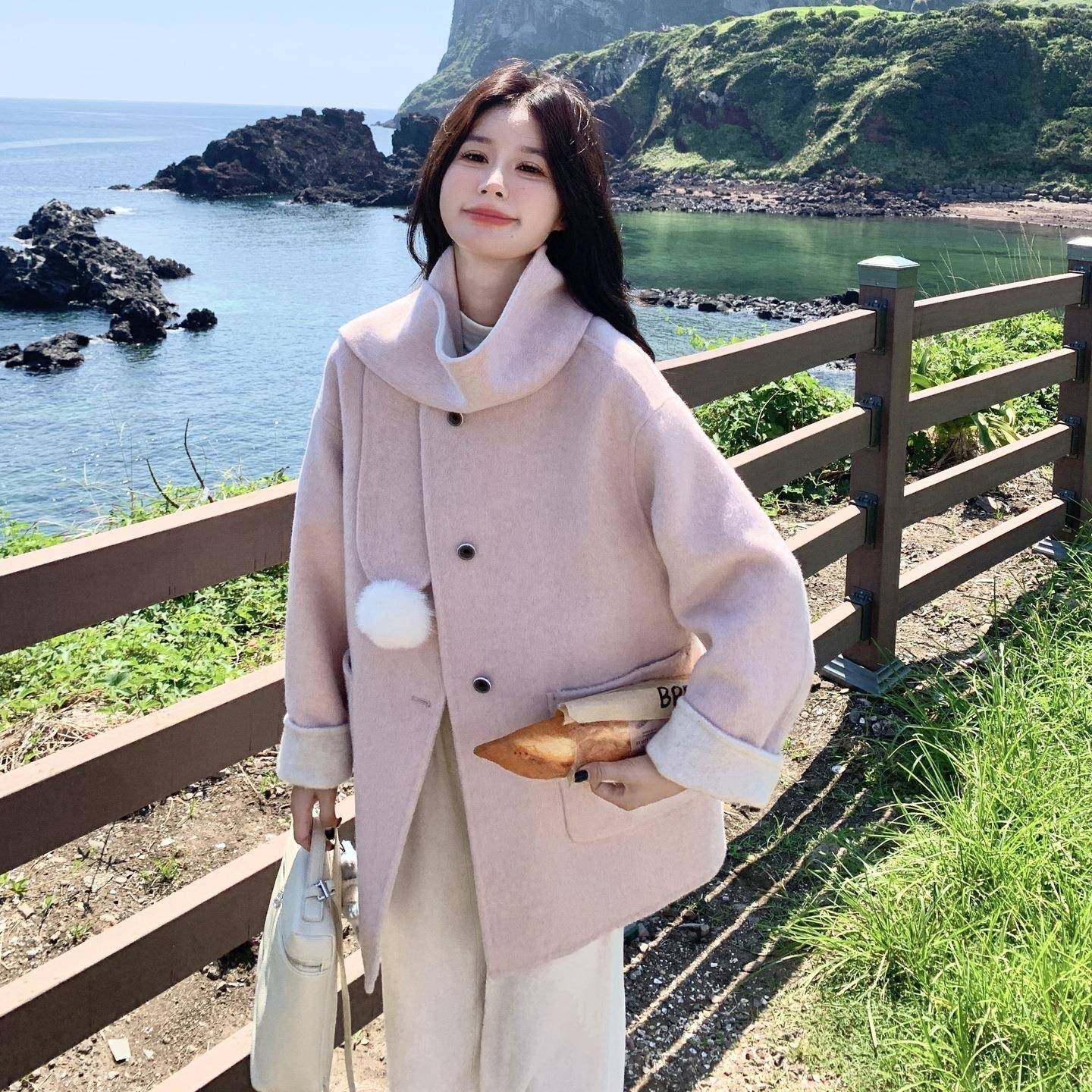 粉色双呢羊面毛大衣女冬季新款甜美减龄温柔b169-851毛风超好看呢