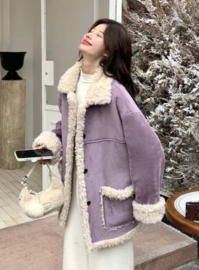 紫色超好看羊羔毛外套女冬小毛个龄保子暖仿皮一体减2b229-26棉服