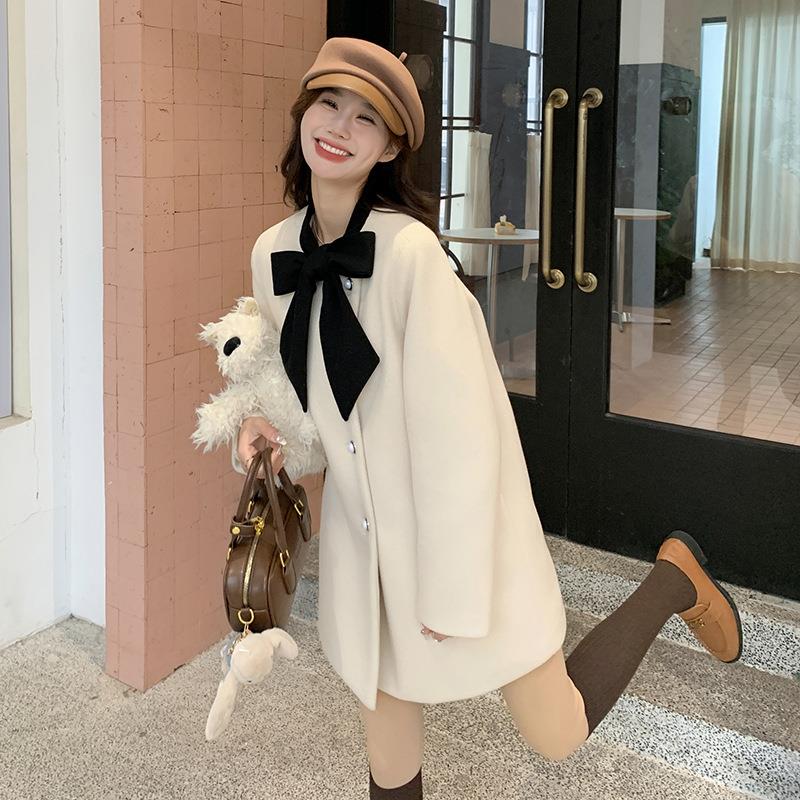 蝴蝶结毛呢大衣女小感个冬季款小香风高级羽绒内新c159-255胆厚子